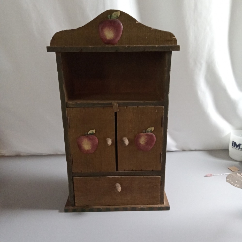 Rustic Wooden Apple Wall Cabinet Primitive Farmhouse Spice Rack Storage Drawer